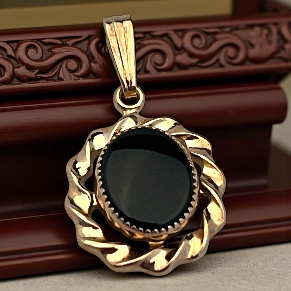 Vintage 1950s Black Onyx Pendant Gold Filled Twisted Frame Mid Century - 7S